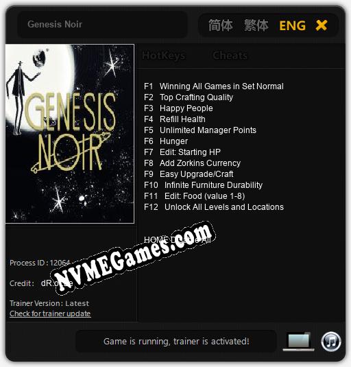 Genesis Noir: Cheats, Trainer +12 [dR.oLLe]