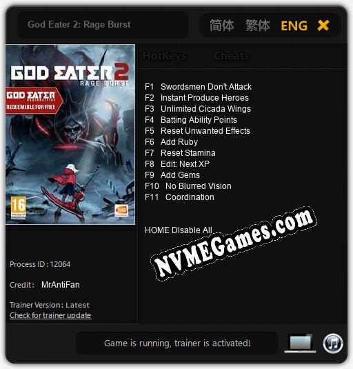 Treinador liberado para God Eater 2: Rage Burst [v1.0.3]