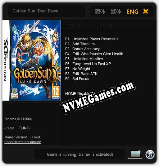 Golden Sun: Dark Dawn: Treinador (V1.0.70)