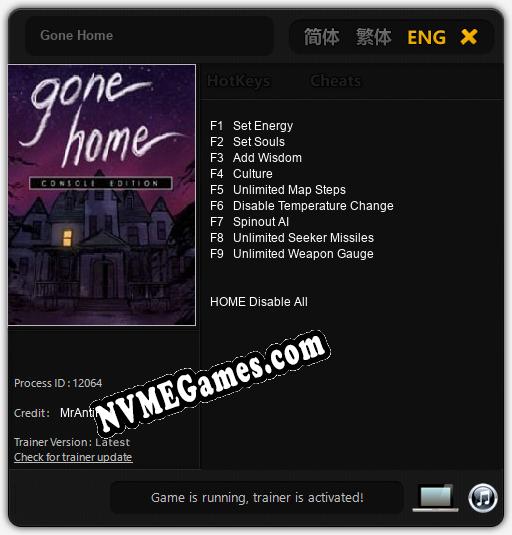 Gone Home: Treinador (V1.0.65)