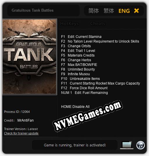 Gratuitous Tank Battles: Cheats, Trainer +13 [MrAntiFan]