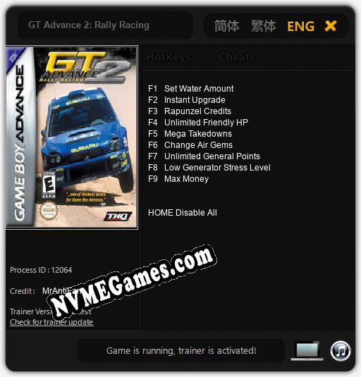 Treinador liberado para GT Advance 2: Rally Racing [v1.0.7]