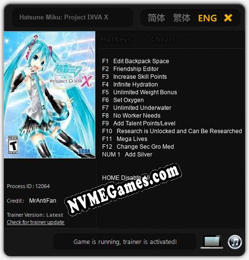 Hatsune Miku: Project DIVA X: Treinador (V1.0.25)