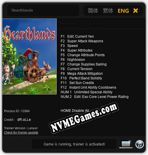 Treinador liberado para Hearthlands [v1.0.5]