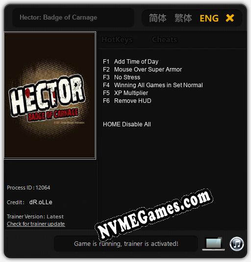 Hector: Badge of Carnage: Trainer +6 [v1.5]