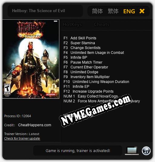 Treinador liberado para Hellboy: The Science of Evil [v1.0.8]