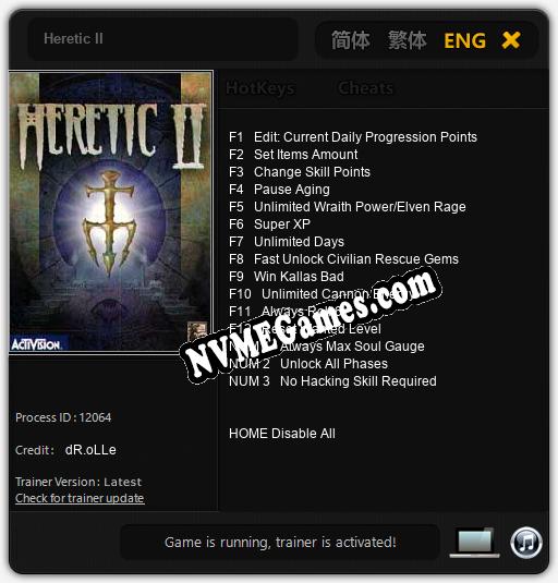 Treinador liberado para Heretic II [v1.0.2]