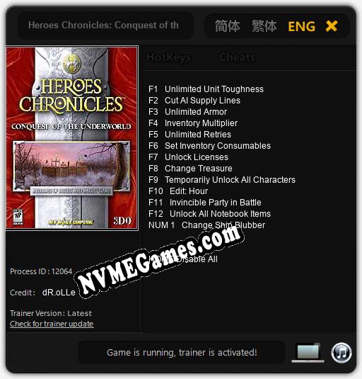 Treinador liberado para Heroes Chronicles: Conquest of the Underworld [v1.0.9]