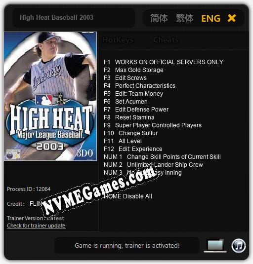 High Heat Baseball 2003: Trainer +15 [v1.3]