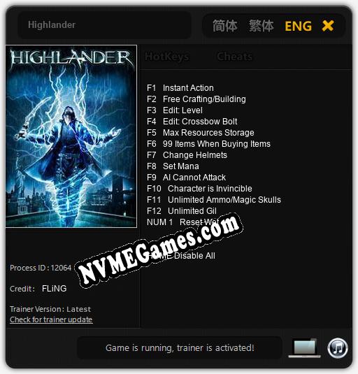 Treinador liberado para Highlander [v1.0.8]