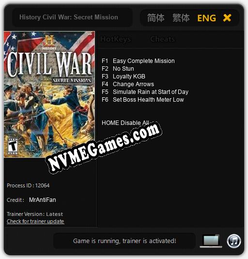 Treinador liberado para History Civil War: Secret Missions [v1.0.2]