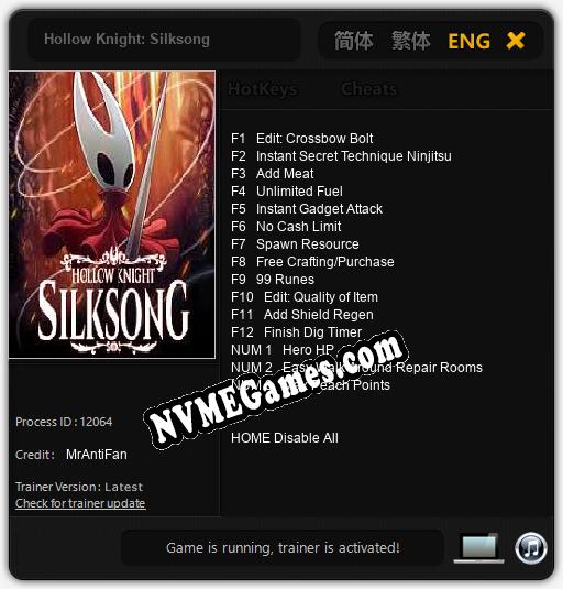 Treinador liberado para Hollow Knight: Silksong [v1.0.7]