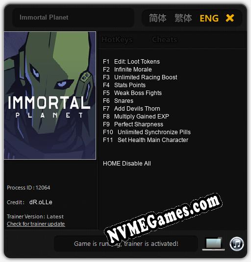 Treinador liberado para Immortal Planet [v1.0.8]