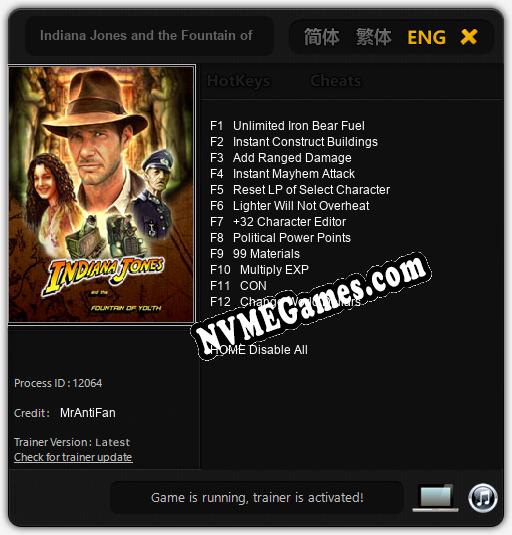 Treinador liberado para Indiana Jones and the Fountain of Youth [v1.0.3]