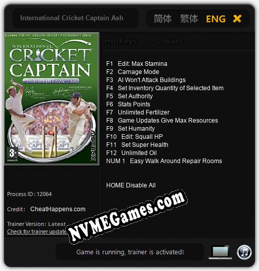 International Cricket Captain Ashes Edition 2006: Cheats, Trainer +13 [CheatHappens.com]