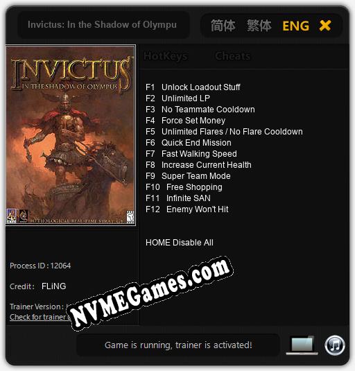 Treinador liberado para Invictus: In the Shadow of Olympus [v1.0.6]