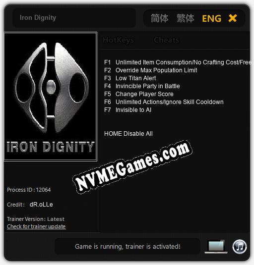 Treinador liberado para Iron Dignity [v1.0.5]