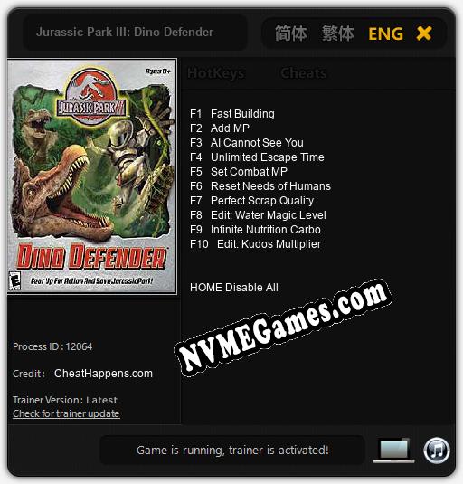 Treinador liberado para Jurassic Park III: Dino Defender [v1.0.9]