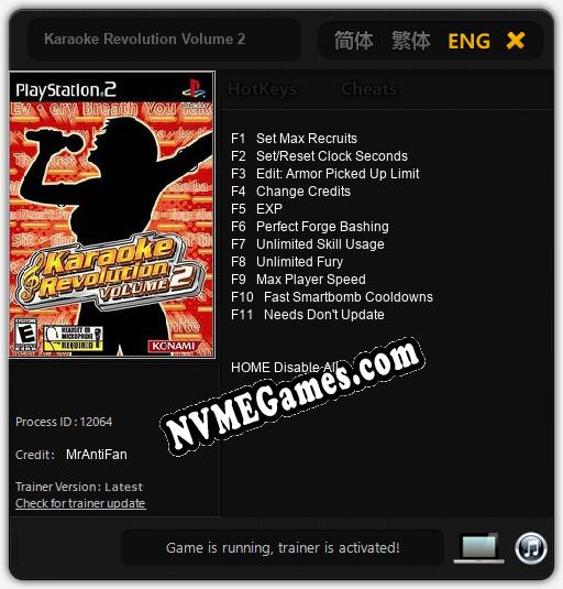 Karaoke Revolution Volume 2: Cheats, Trainer +11 [MrAntiFan]