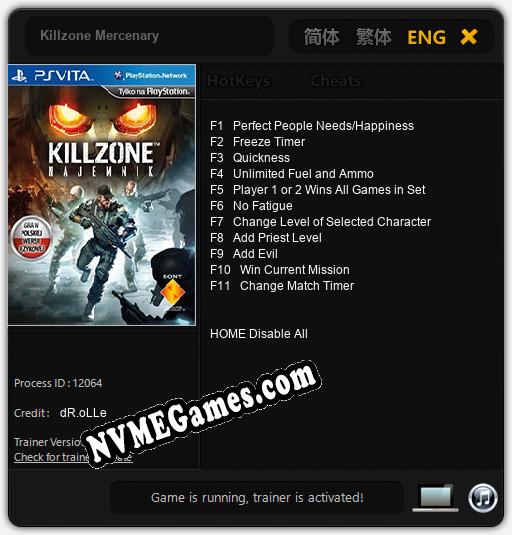 Treinador liberado para Killzone Mercenary [v1.0.9]