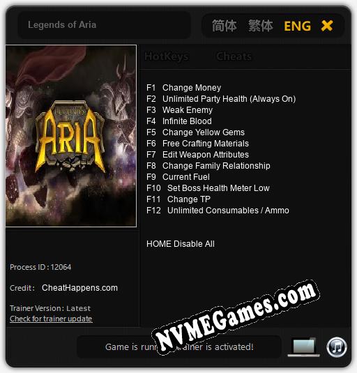 Treinador liberado para Legends of Aria [v1.0.5]