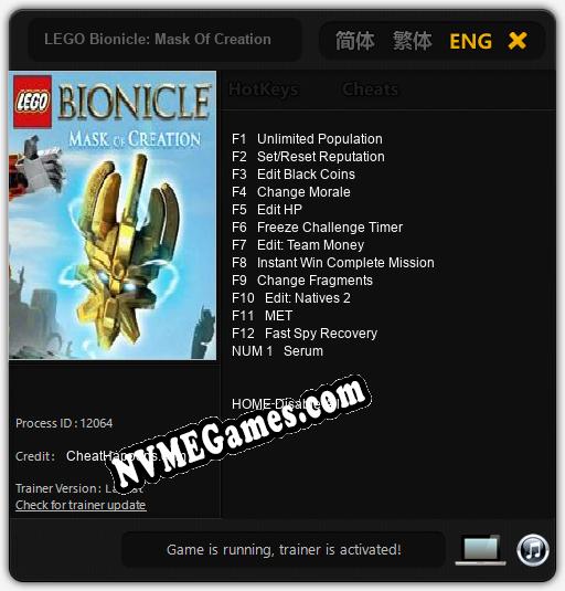 Treinador liberado para LEGO Bionicle: Mask Of Creation [v1.0.3]