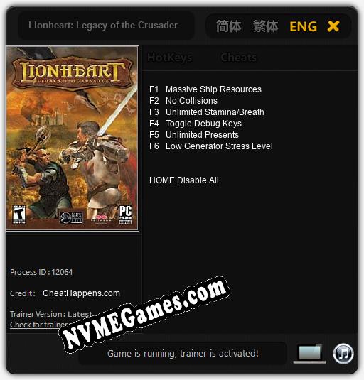 Treinador liberado para Lionheart: Legacy of the Crusader [v1.0.3]