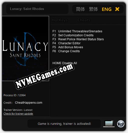 Treinador liberado para Lunacy: Saint Rhodes [v1.0.4]