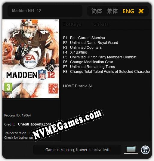 Madden NFL 12: Trainer +8 [v1.7]