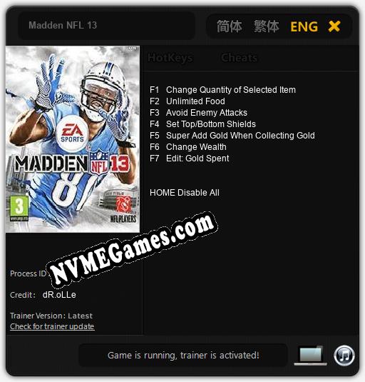 Madden NFL 13: Cheats, Trainer +7 [dR.oLLe]