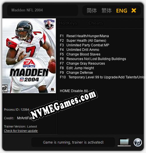 Madden NFL 2004: Trainer +10 [v1.7]