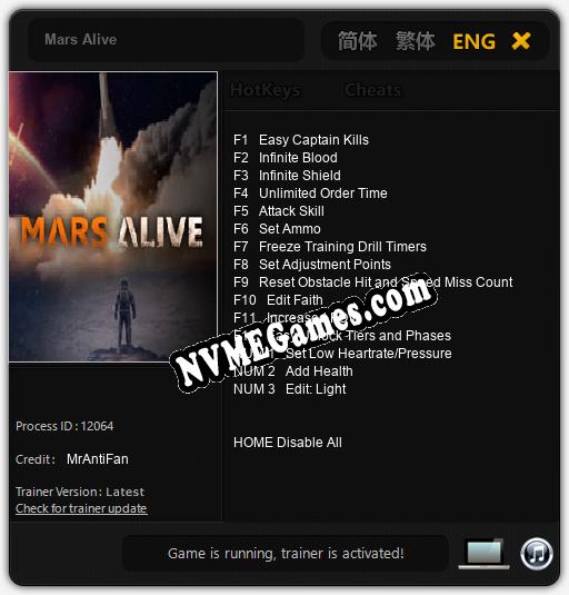 Treinador liberado para Mars Alive [v1.0.7]