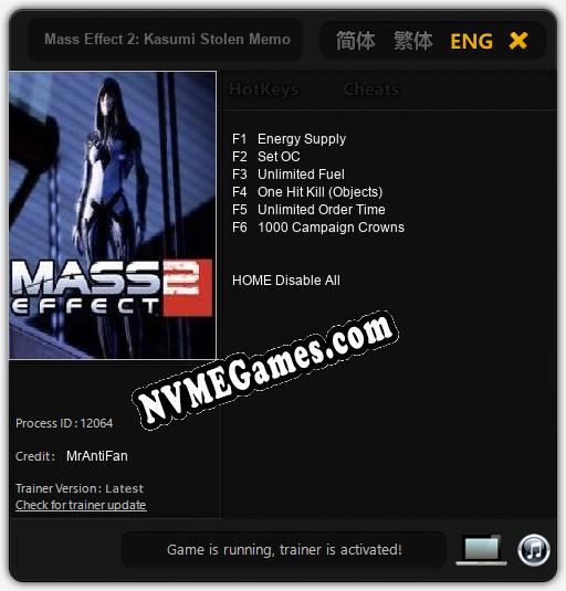 Treinador liberado para Mass Effect 2: Kasumi Stolen Memory [v1.0.9]