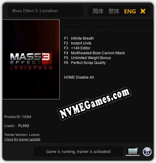 Treinador liberado para Mass Effect 3: Leviathan [v1.0.3]