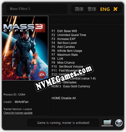 Mass Effect 3: Cheats, Trainer +15 [MrAntiFan]