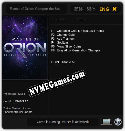 Treinador liberado para Master of Orion: Conquer the Stars [v1.0.7]