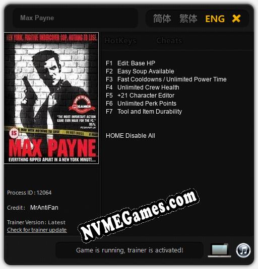 Max Payne: Trainer +7 [v1.5]