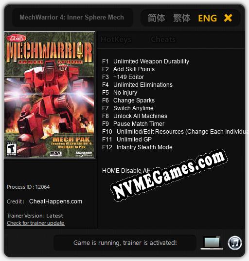 MechWarrior 4: Inner Sphere Mech Pak: Trainer +12 [v1.1]