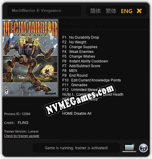 Treinador liberado para MechWarrior 4: Vengeance [v1.0.4]