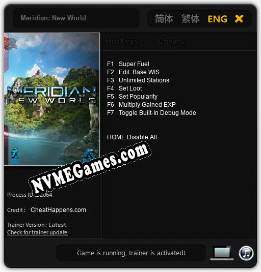 Treinador liberado para Meridian: New World [v1.0.2]