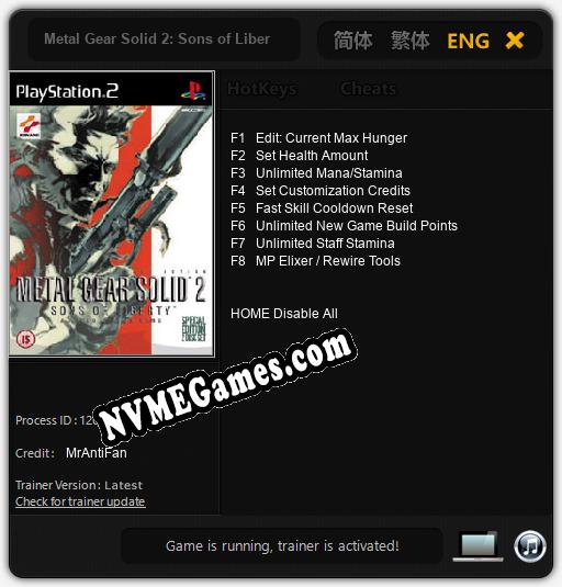 Metal Gear Solid 2: Sons of Liberty: Trainer +8 [v1.3]