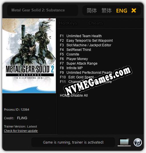 Metal Gear Solid 2: Substance: Cheats, Trainer +11 [FLiNG]