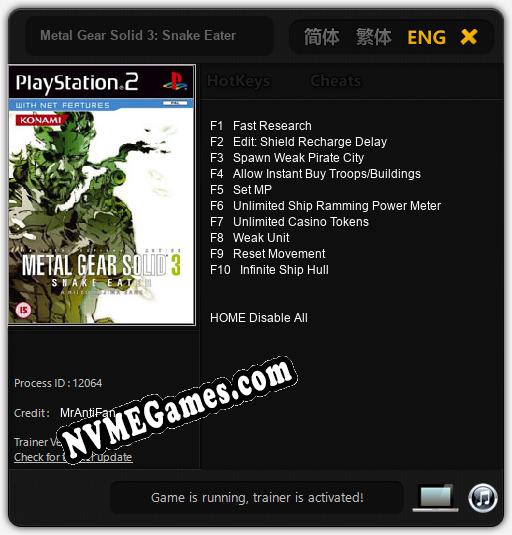 Metal Gear Solid 3: Snake Eater: Cheats, Trainer +10 [MrAntiFan]