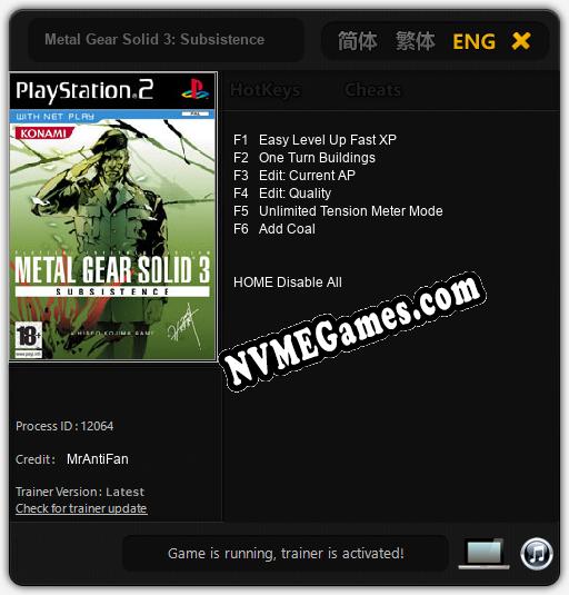 Metal Gear Solid 3: Subsistence: Treinador (V1.0.35)