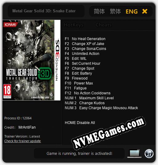 Metal Gear Solid 3D: Snake Eater: Cheats, Trainer +15 [MrAntiFan]