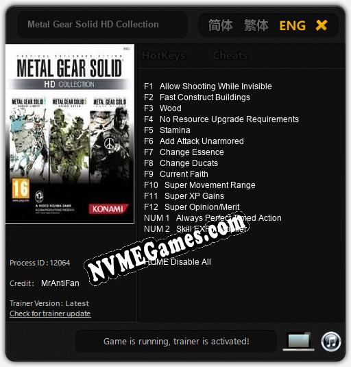 Treinador liberado para Metal Gear Solid HD Collection [v1.0.5]