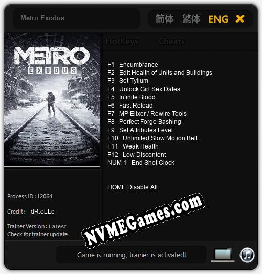 Metro Exodus: Treinador (V1.0.41)