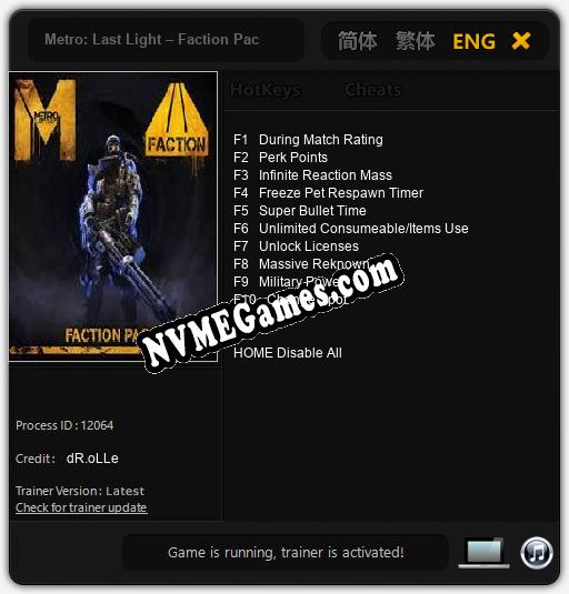 Metro: Last Light – Faction Pack: Trainer +10 [v1.1]