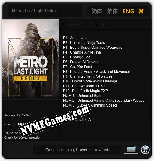 Metro: Last Light Redux: Cheats, Trainer +15 [MrAntiFan]