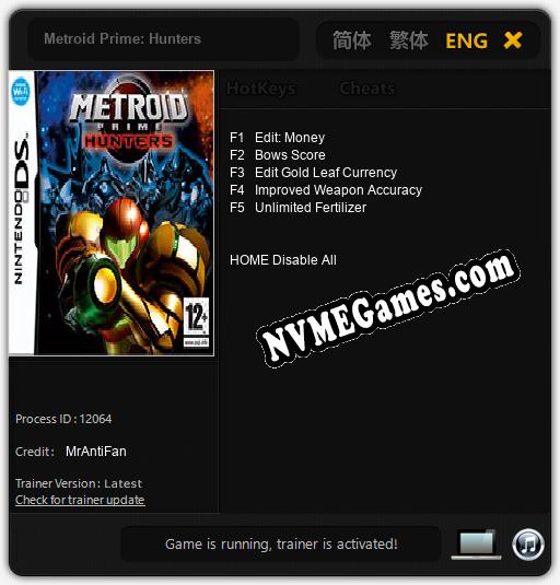 Treinador liberado para Metroid Prime: Hunters [v1.0.2]